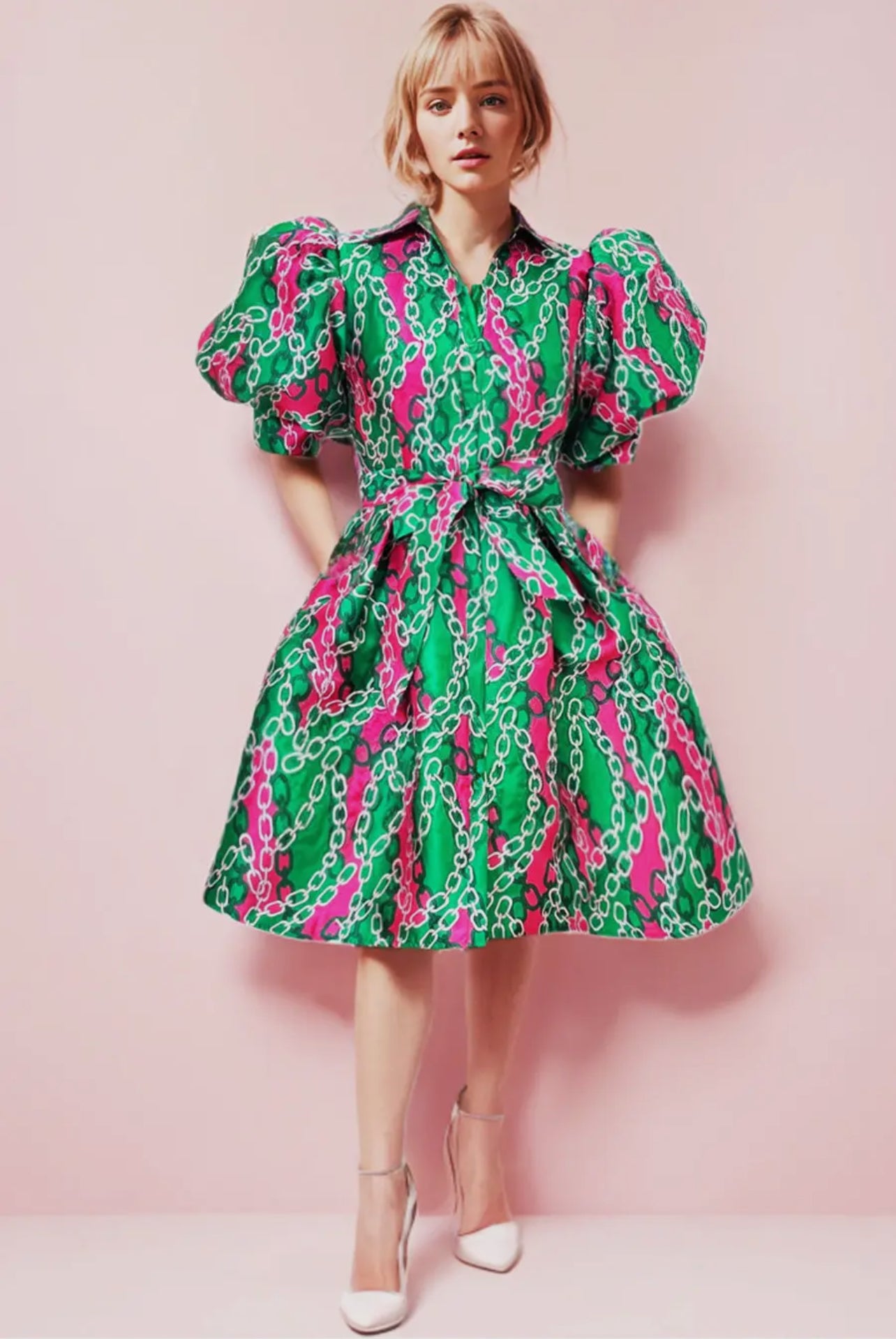 Pink/Green puff sleeve dress