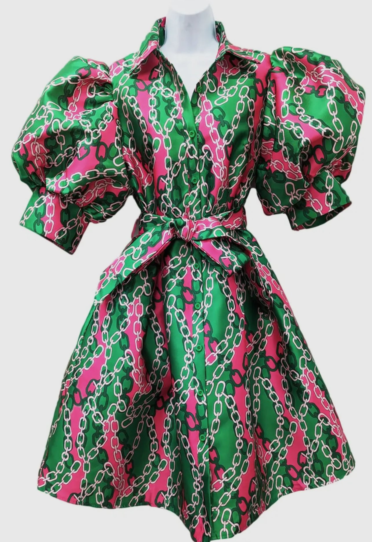 Pink/Green puff sleeve dress