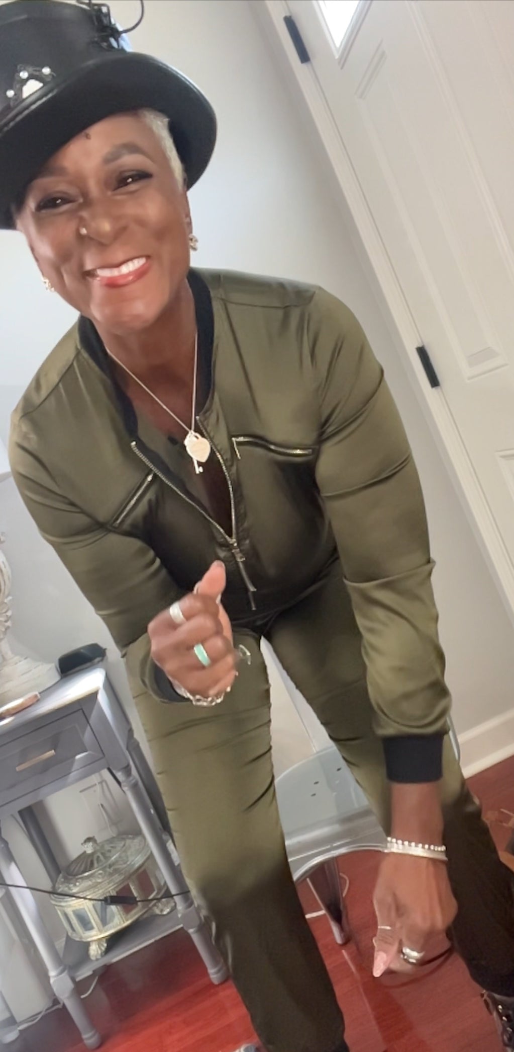 Olive green satin jumpsuit