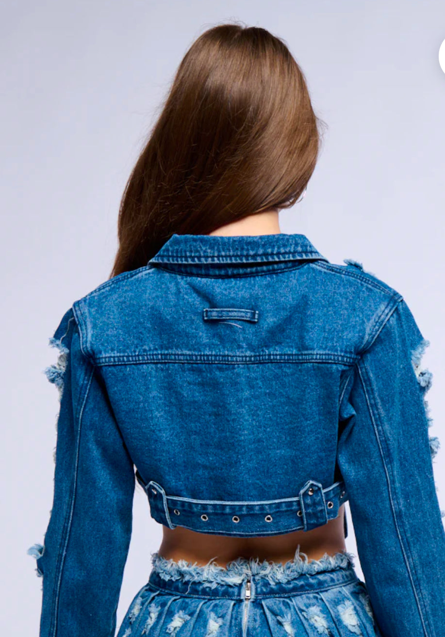Denim Cropped Distressed Jacket