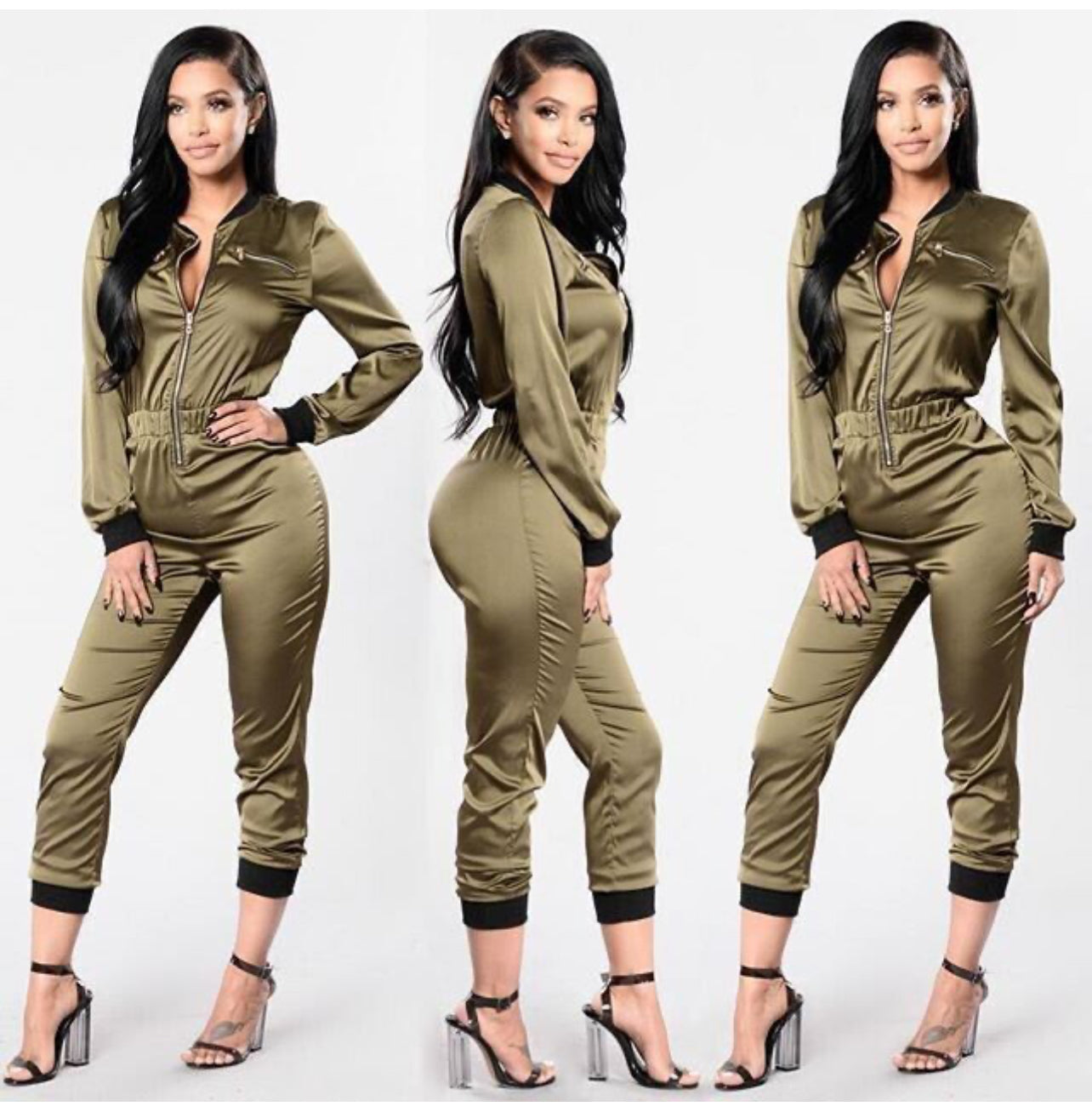 Olive green satin jumpsuit