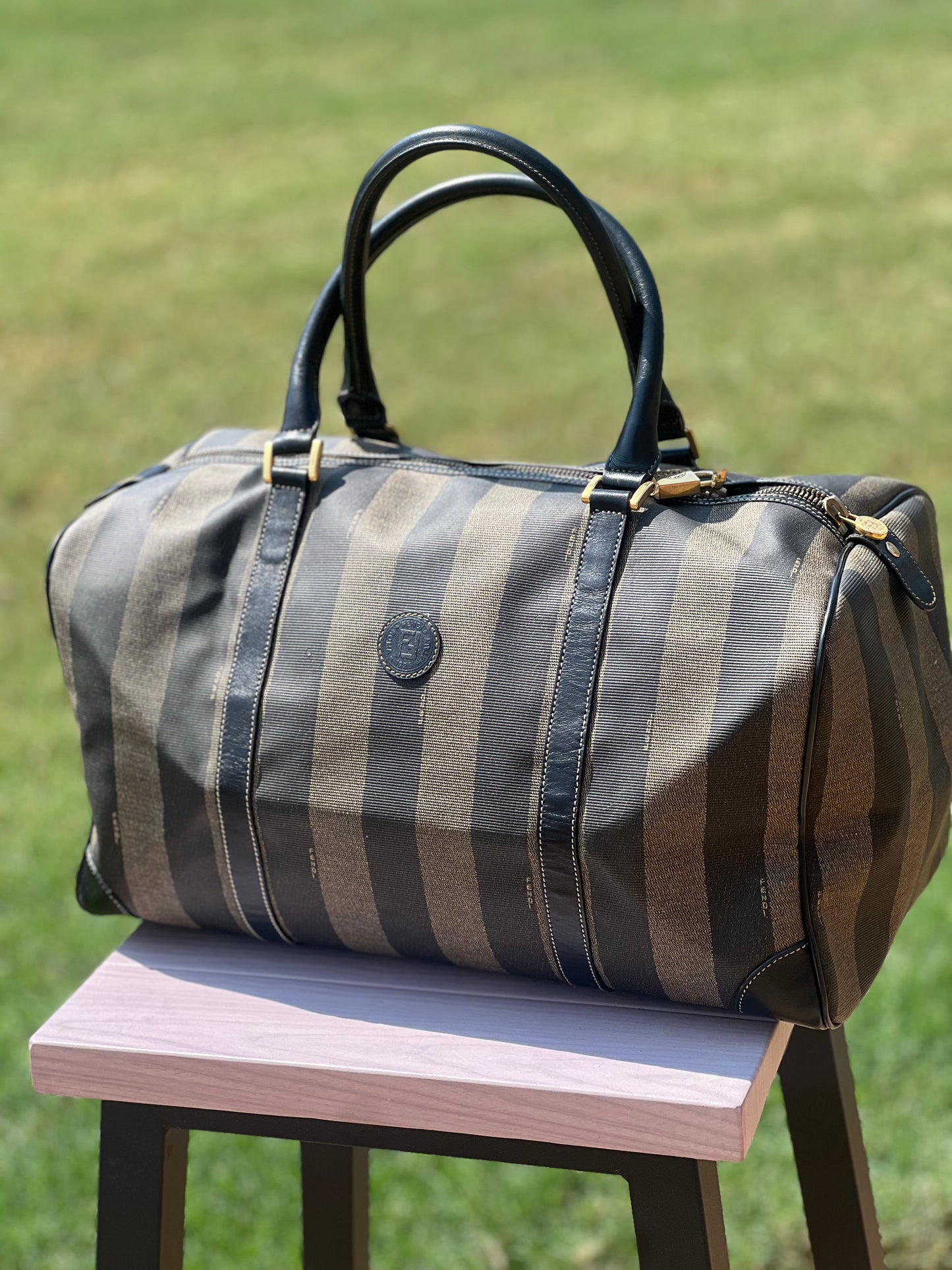 FENDI Coated Canvas Pequin Boston Bag