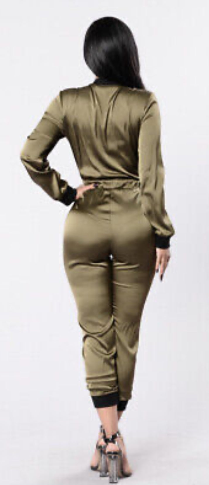 Olive green satin jumpsuit