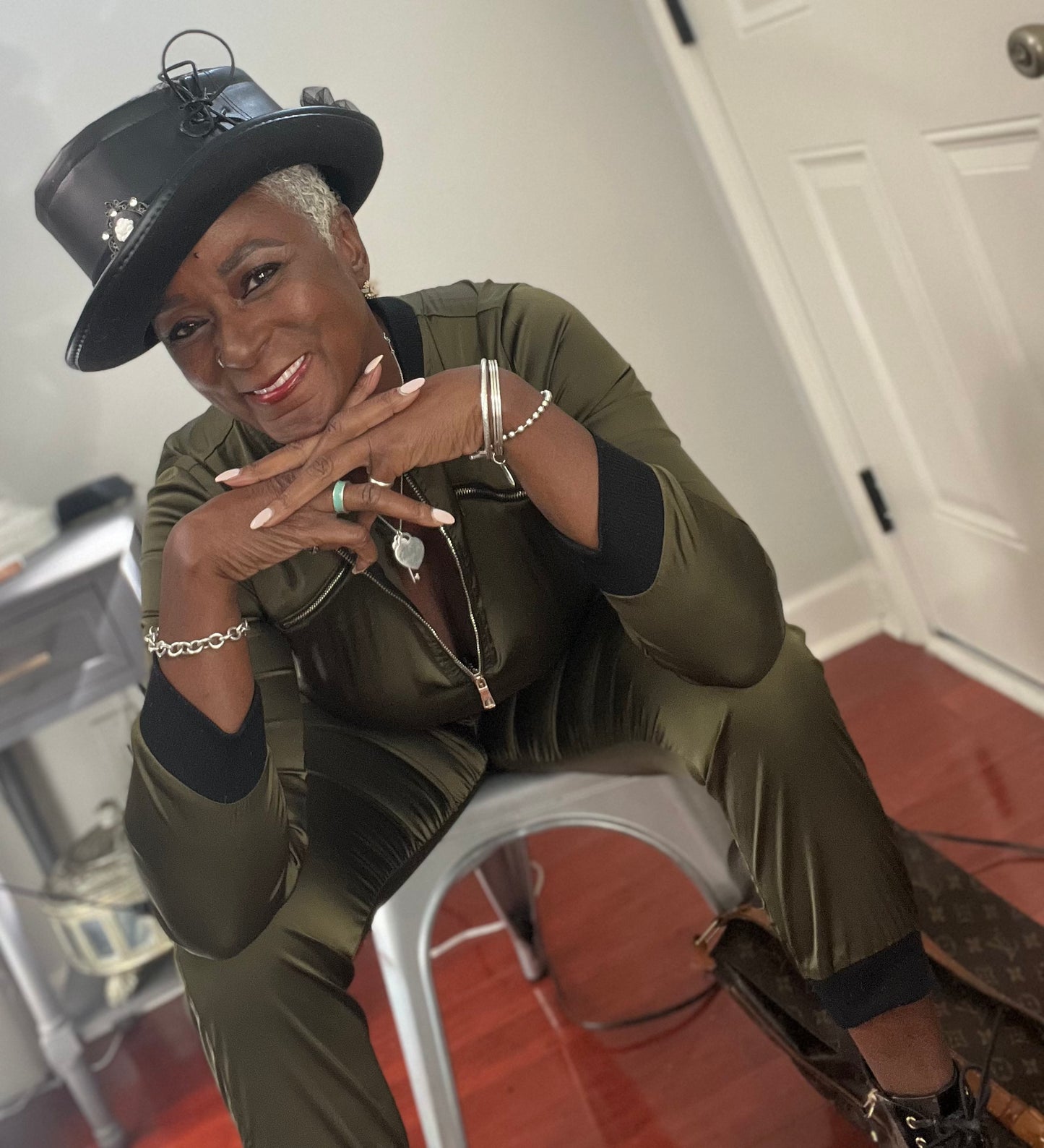 Olive green satin jumpsuit