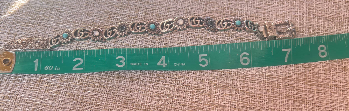 Sterling Silver Blue Topaz Mother of Pearl Turquoise Resin Double G Flower Bracelet