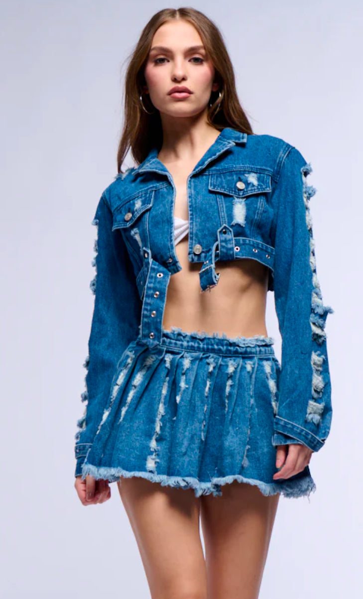 Denim Cropped Distressed Jacket