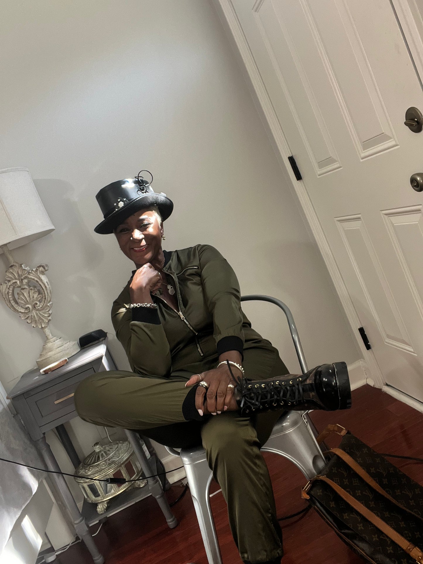 Olive green satin jumpsuit