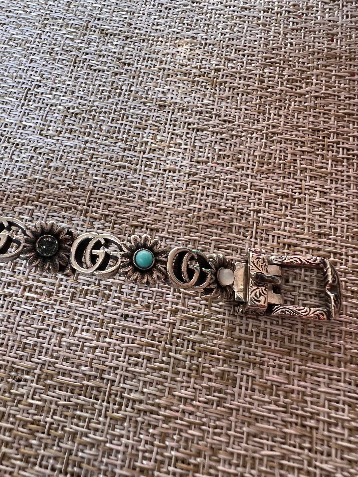 Sterling Silver Blue Topaz Mother of Pearl Turquoise Resin Double G Flower Bracelet