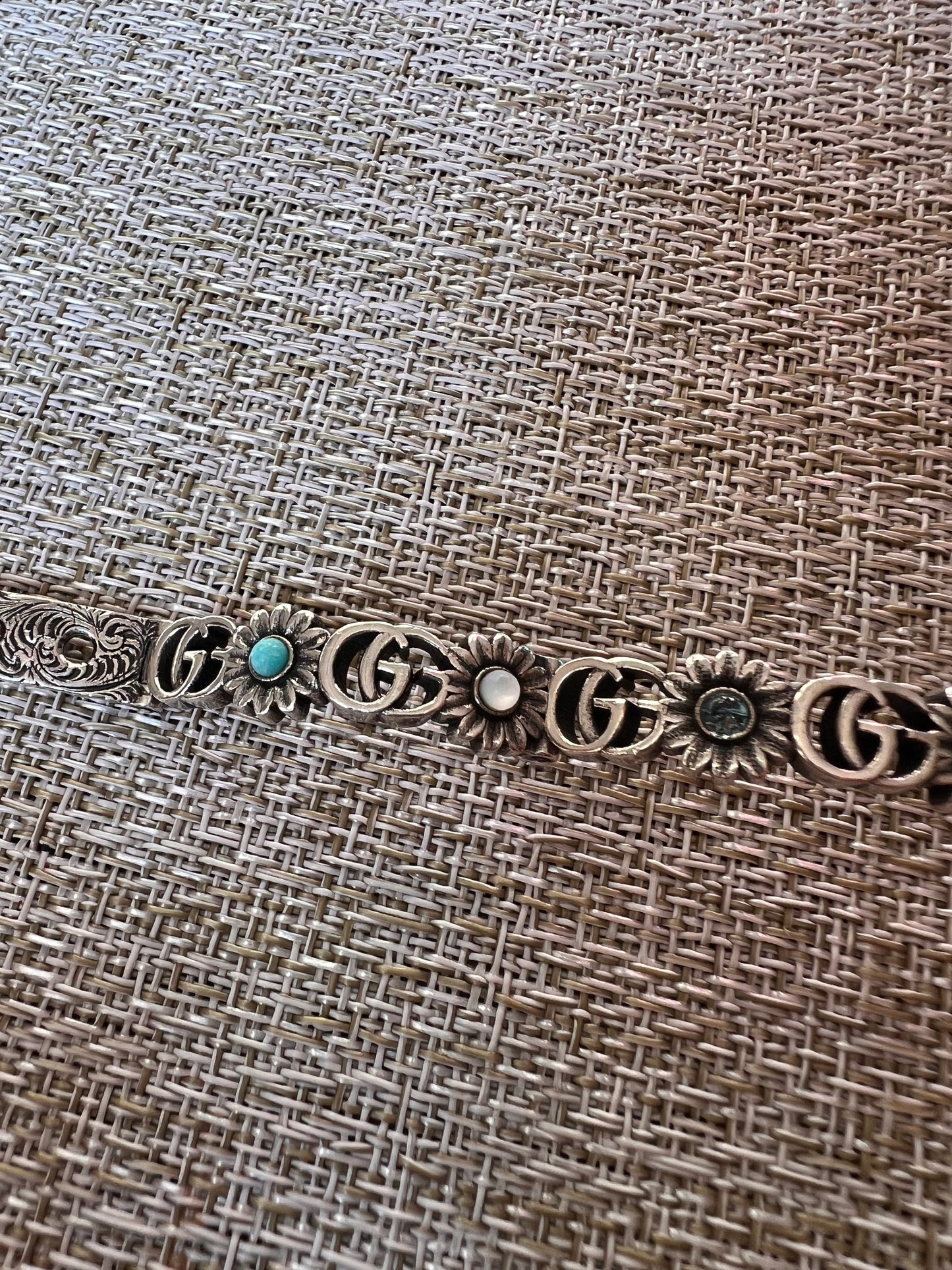 Sterling Silver Blue Topaz Mother of Pearl Turquoise Resin Double G Flower Bracelet