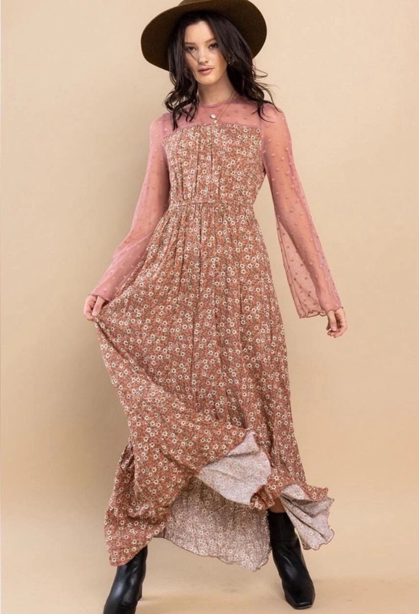 Boho Floral Maxi With Sheer Pink Sleeves Elastic Waist