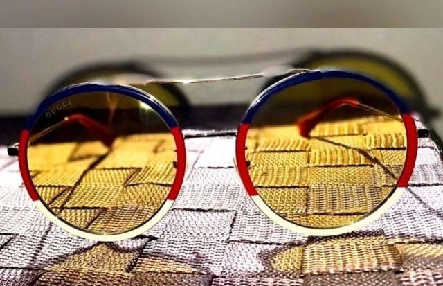 Gucci Round Aviator Sunglasses Red Navy and White New In Box Case and Cloth