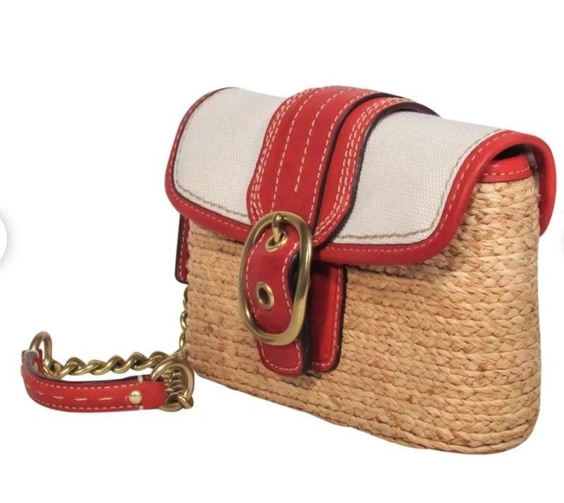 Coach Tan Red and Cream Woven Straw and Leather Convertible Wristlet simplydivineconsign