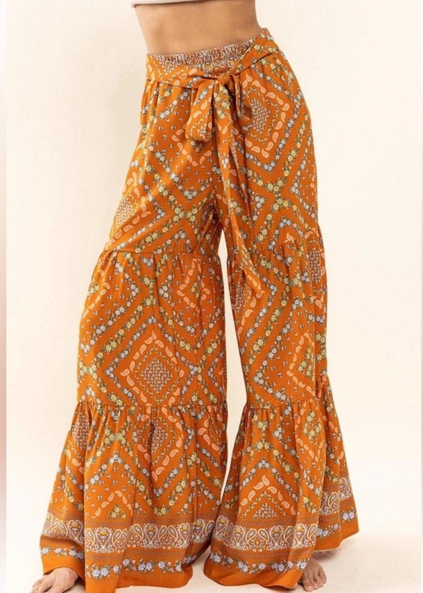 Boho Tiered Wide Leg Pants With Attached Belt Elastic Waist Size M