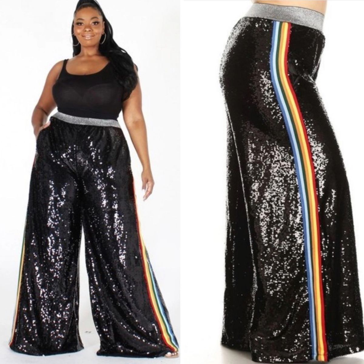 Palazzo Black Sequin Pants With Strips