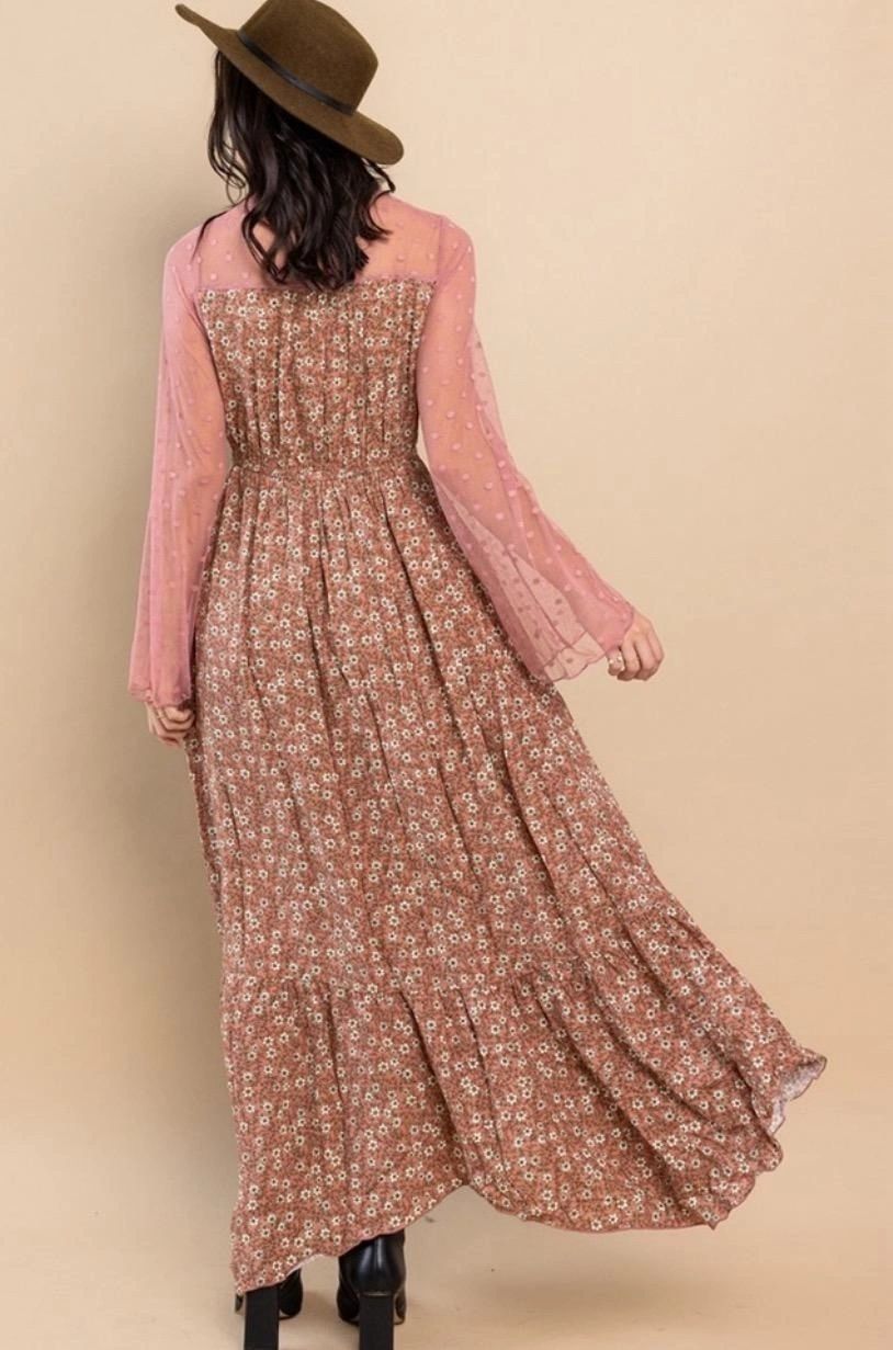 Boho Floral Maxi With Sheer Pink Sleeves Elastic Waist