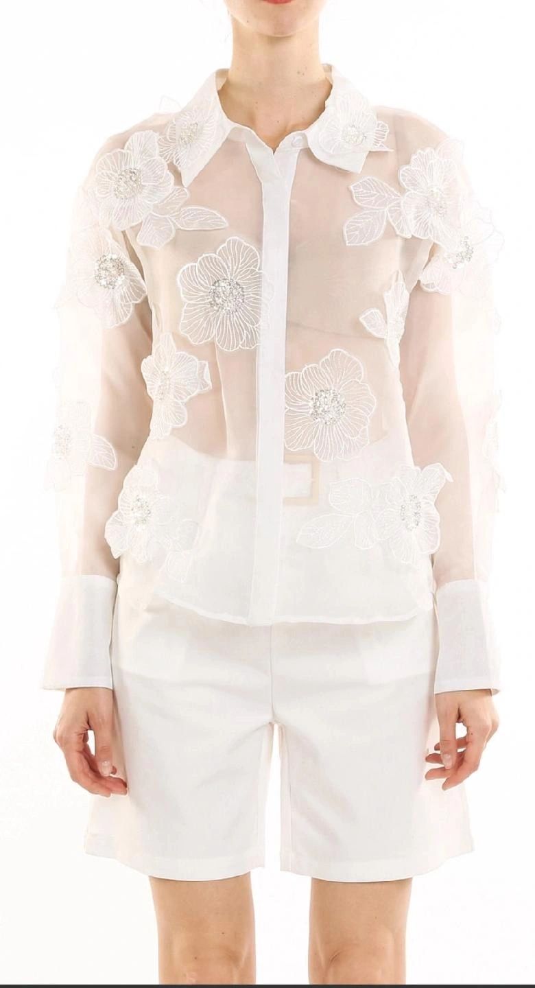 Blouse White Sheer With 3D Sequin Floral Design One size fits up to L