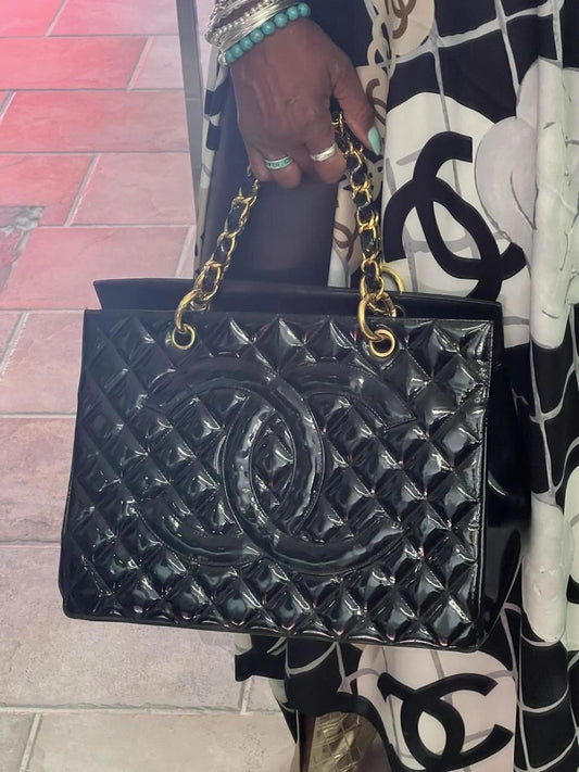 Chanel Black Patent Tote With Gold Chain