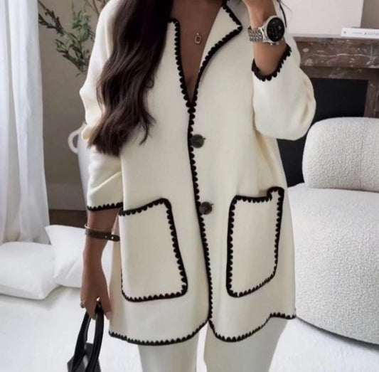White Trimmed In Black 2pc Pantsuit
