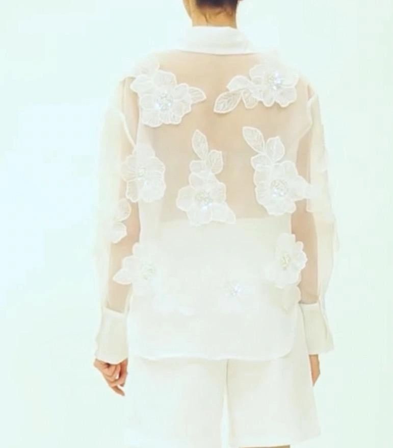 Blouse White Sheer With 3D Sequin Floral Design One size fits up to L