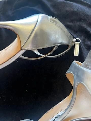 Manolo Blahnik Silver Patent Cellin Strappy Heel