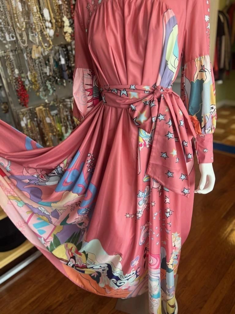 Boho full Mauve Maxi Lantern Sleeves Bow or Tie Belt Size Medium