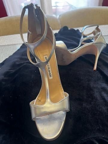 Manolo Blahnik Silver Patent Cellin Strappy Heel