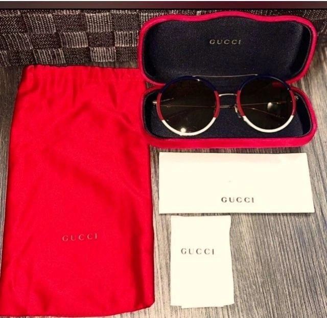 Gucci Round Aviator Sunglasses Red Navy and White New In Box Case and Cloth