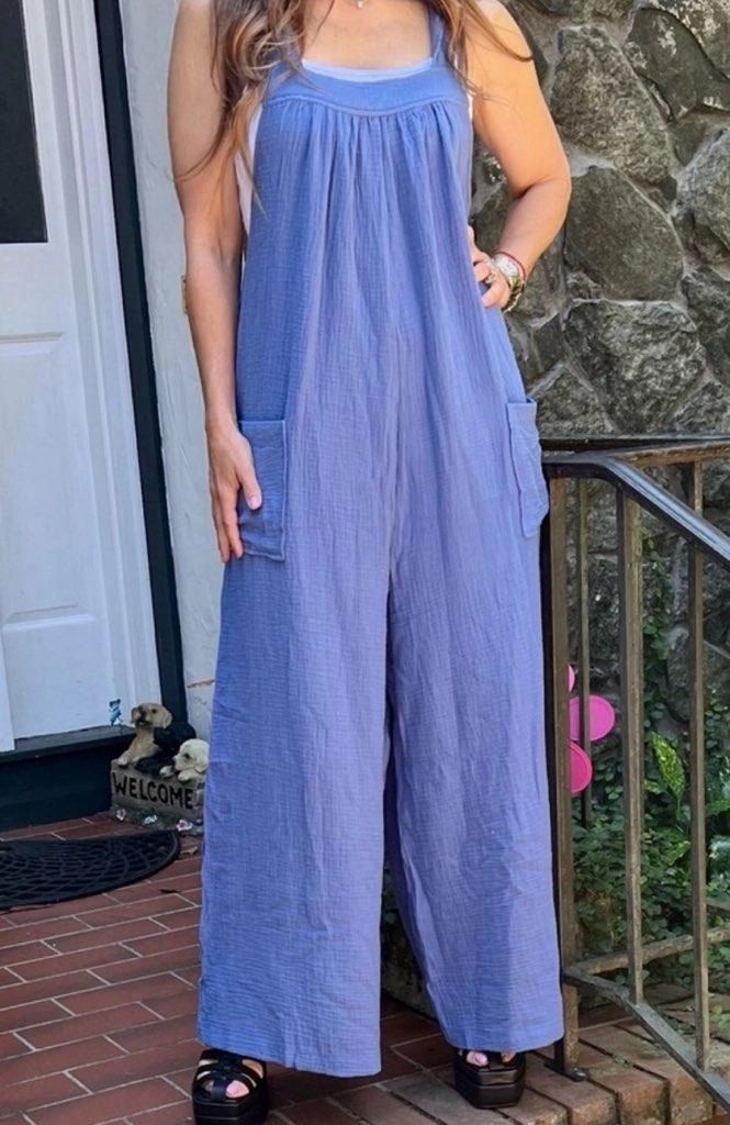 Blue Crinkle Material Wide Leg Jumpsuit Tie In Back Size L