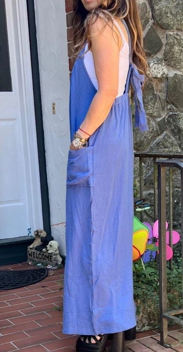 Blue Crinkle Material Wide Leg Jumpsuit Tie In Back Size L