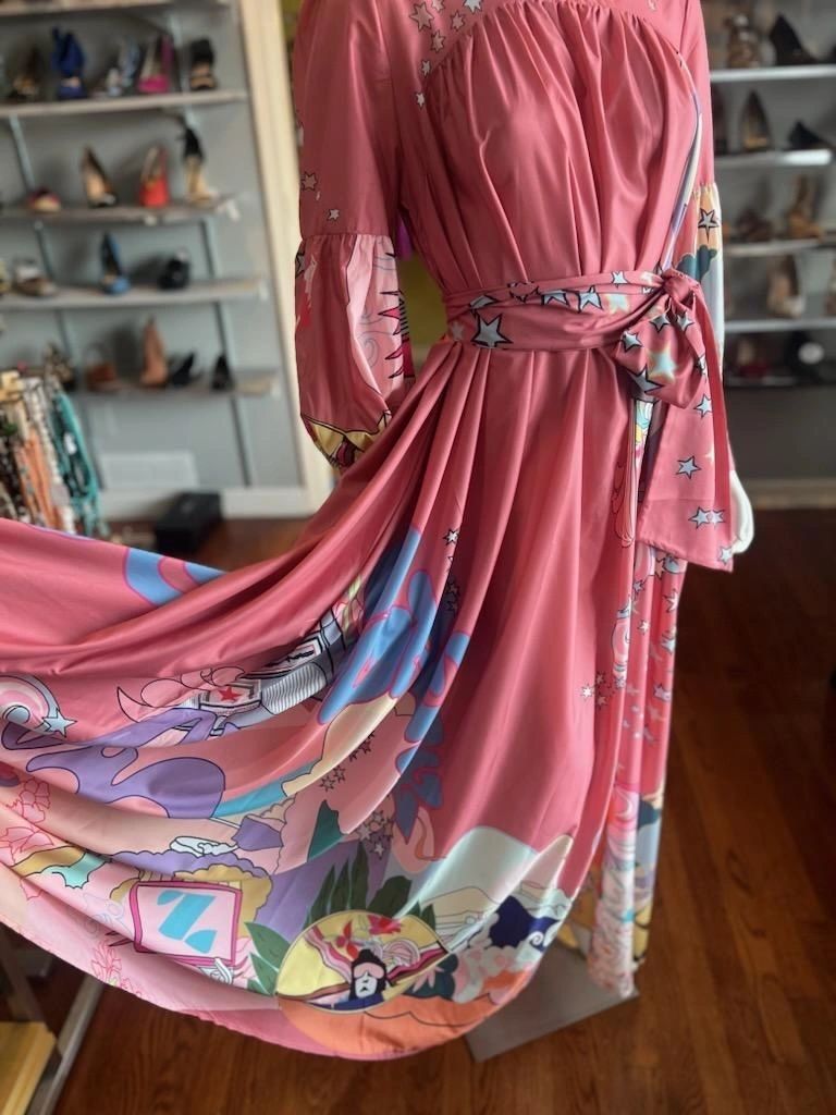Boho full Mauve Maxi Lantern Sleeves Bow or Tie Belt Size Medium