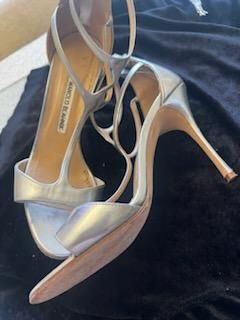 Manolo Blahnik Silver Patent Cellin Strappy Heel