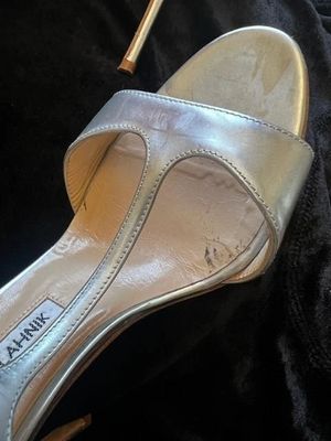 Manolo Blahnik Silver Patent Cellin Strappy Heel
