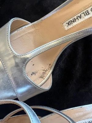 Manolo Blahnik Silver Patent Cellin Strappy Heel
