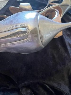 Manolo Blahnik Silver Patent Cellin Strappy Heel