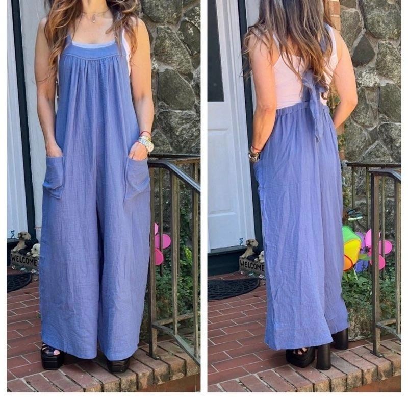 Blue Crinkle Material Wide Leg Jumpsuit Tie In Back Size L