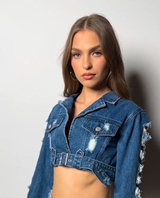 Denim Cropped Distressed Jacket