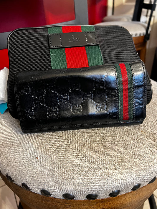 Gucci Fold Shima Long Wallet GG Black Leather Unisex