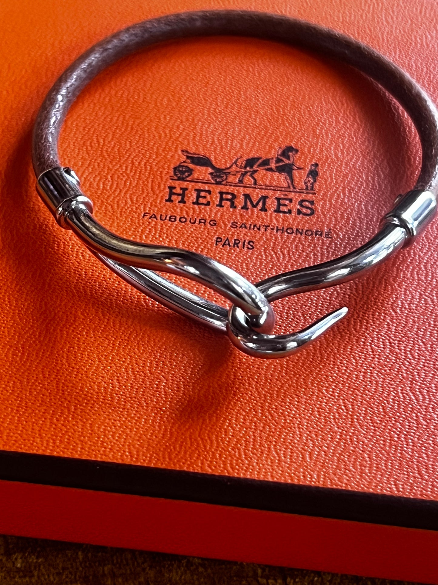 Hermes Hook Single Tour Wrap Brown Leather Silver Bracelet.