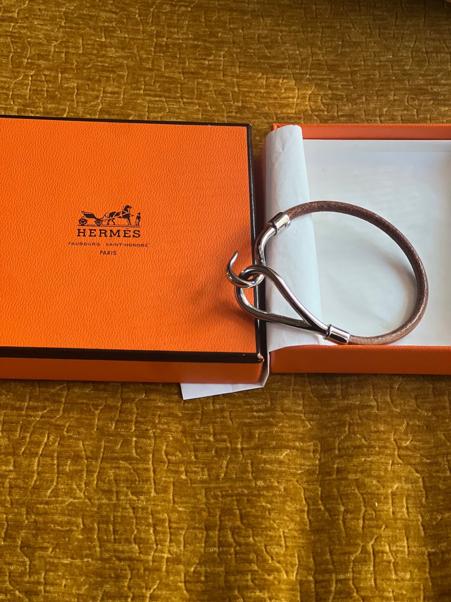 Hermes Hook Single Tour Wrap Brown Leather Silver Bracelet.