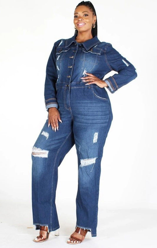 Denim Distress Jumpsuit