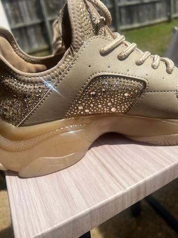 Steve Madden Beige Embellished-Rhinestone Sneaker Like New. Worn only once Size is 9.5 BUT RUNS SMALL FITS 8.5