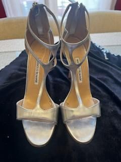 Manolo Blahnik Silver Patent Cellin Strappy Heel