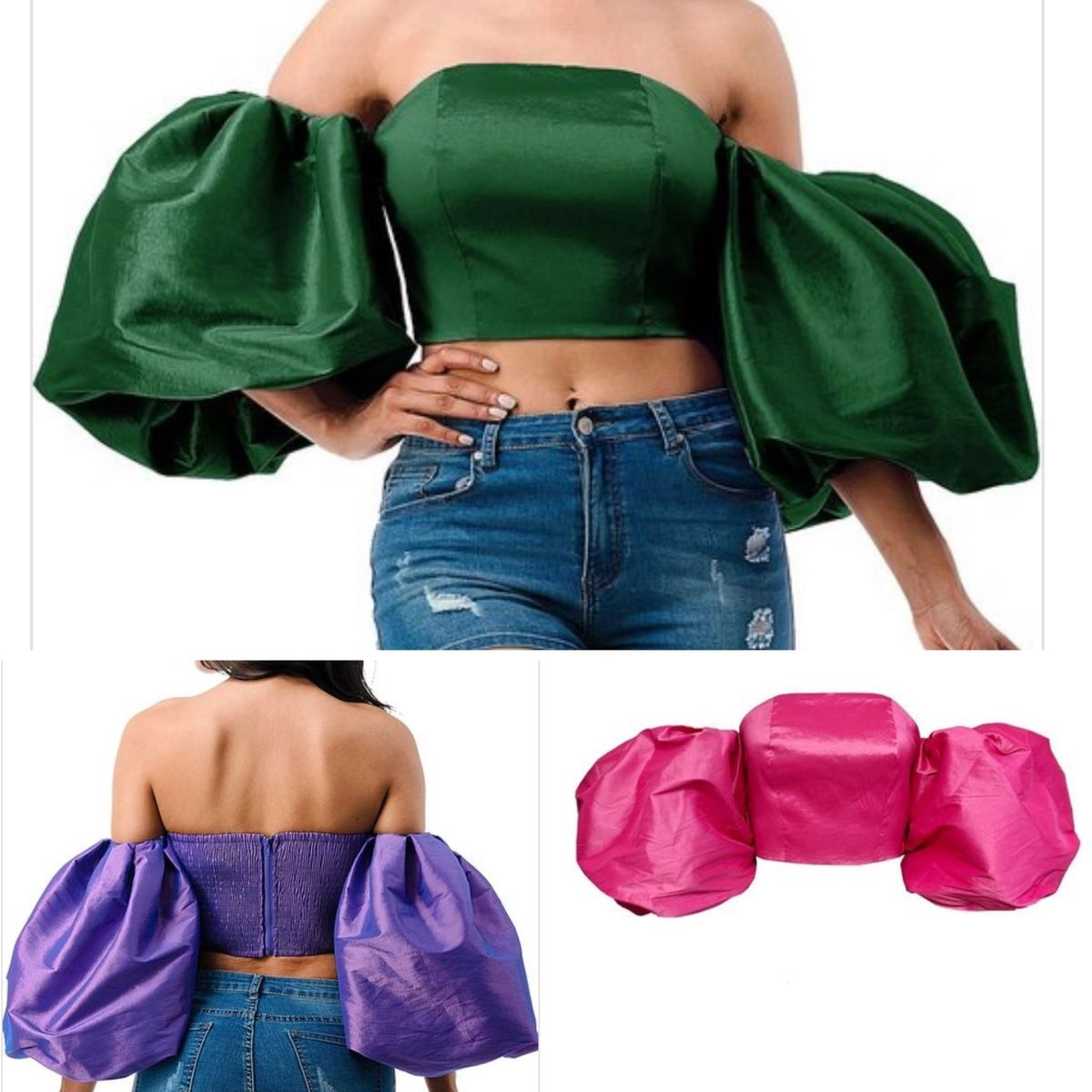 Puff Sleeve Cold Shoulder Crop - FUCHSIA