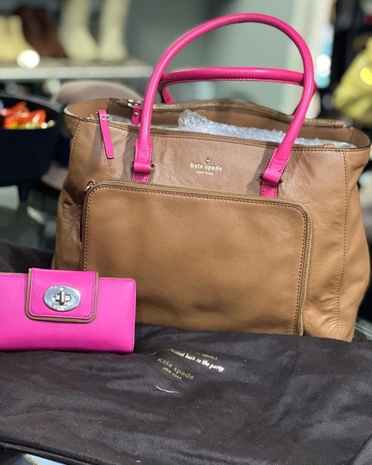 Kate Spade Leather Purse with Matching Wallet Tan And Pink